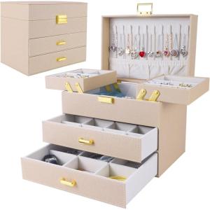 imageDajasan Jewelry Boxes for Women Girls Jewelry Storage Organizer 4 Layers Large Jewelry Organizer Box with 2 Drawers for Friends Wife or Mother Gift PinkChampagne  Gold