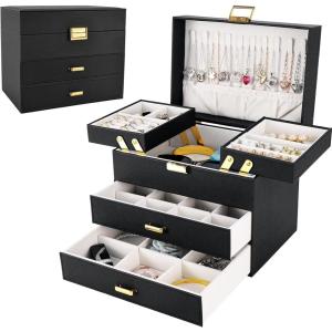 imageDajasan Jewelry Boxes for Women Girls Jewelry Storage Organizer 4 Layers Large Jewelry Organizer Box with 2 Drawers for Friends Wife or Mother Gift PinkBlack  Gold