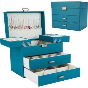 imageDajasan Jewelry Boxes for Women Girls Jewelry Storage Organizer 4 Layers Large Jewelry Organizer Box with 2 Drawers for Friends Wife or Mother Gift PinkBlue  Silver
