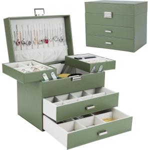 imageDajasan Jewelry Boxes for Women Girls Jewelry Storage Organizer 4 Layers Large Jewelry Organizer Box with 2 Drawers for Friends Wife or Mother Gift PinkAvocado Green  Silver