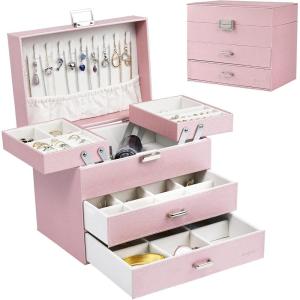 imageDajasan Jewelry Boxes for Women Girls Jewelry Storage Organizer 4 Layers Large Jewelry Organizer Box with 2 Drawers for Friends Wife or Mother Gift PinkLight Pink  Silver