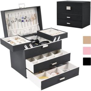 imageDajasan Jewelry Boxes for Women Girls Jewelry Storage Organizer 4 Layers Large Jewelry Organizer Box with 2 Drawers for Friends Wife or Mother Gift PinkBlack  Silver