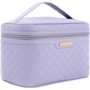imageDajasan Makeup Bag Portable Travel Cosmetic Bag Large Makeup Organizer Bag PU Leather Makeup Organizer Case Travel Toiletry Bag for Women Girls 1181 x 67 x 709 InchLight Purple