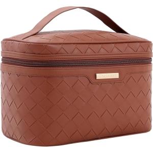imageDajasan Makeup Bag Portable Travel Cosmetic Bag Large Makeup Organizer Bag PU Leather Makeup Organizer Case Travel Toiletry Bag for Women Girls 1181 x 67 x 709 InchBrown