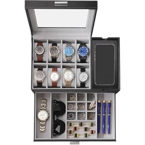 imageDajasan Watch Box Watch Case for Men 8 Slot Watch Display Case with Glass Lid Large Watch Holder Organizer Sunglass Storage Organizer for Watch Ring Jewelry Gift Idea PU Leather BlackBlack  Grey