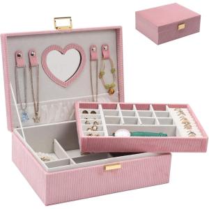 imageDajasan Jewelry Boxes for Women Girls Jewelry Organizer Box 2Layer Large Velvet Jewelry Organizer for Rings Necklaces Bracelets Watch EarringPinkpink