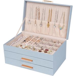 imageDajasan Jewelry Boxes for Women Jewelry Box Organizer with 2 Drawers 3Tier Large Jewelry Holder Organizer Box for Necklace Ring Earring Bracelet Gift Idea Modern Style WhiteSmoky Blue