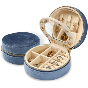 imageDajasan Velvet Jewelry Organizer Mini Travel Jewelry Case Small Portable Travel Organizer Box with Mirror for Women Girls GreyBlue 1
