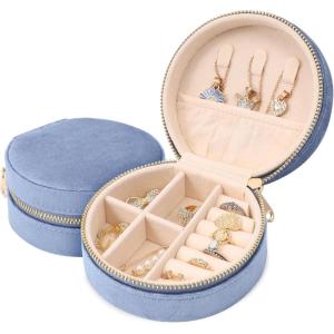 imageDajasan Velvet Jewelry Organizer Mini Travel Jewelry Case Small Portable Travel Organizer Box with Mirror for Women Girls GreyBlue 2