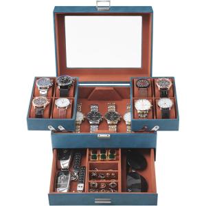 imageDajasan Watch Box Watch Case for Men 8 Slot Watch Display Case 3 Layers Large Sunglass Storage Organizer for Watch Ring Jewelry Gift Idea PU Leather BlackBlue  Brown