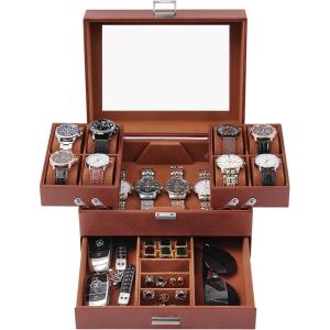 imageDajasan Watch Box Watch Case for Men 8 Slot Watch Display Case 3 Layers Large Sunglass Storage Organizer for Watch Ring Jewelry Gift Idea PU Leather BlackBrown  Brown