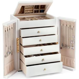 imageDajasan Large Jewelry Organizer Box Jewelry Boxes for Women Girls 6Tier Jewelry Storage Organizer with Mirror for Necklace Ring Bracelet Watch Gift Idea BeigeWhite