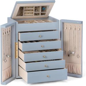 imageDajasan Large Jewelry Organizer Box Jewelry Boxes for Women Girls 6Tier Jewelry Storage Organizer with Mirror for Necklace Ring Bracelet Watch Gift Idea BeigeSmoky Blue
