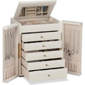 imageDajasan Large Jewelry Organizer Box Jewelry Boxes for Women Girls 6Tier Jewelry Storage Organizer with Mirror for Necklace Ring Bracelet Watch Gift Idea BeigeBeige