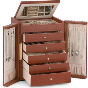 imageDajasan Large Jewelry Organizer Box Jewelry Boxes for Women Girls 6Tier Jewelry Storage Organizer with Mirror for Necklace Ring Bracelet Watch Gift Idea BeigeBrown