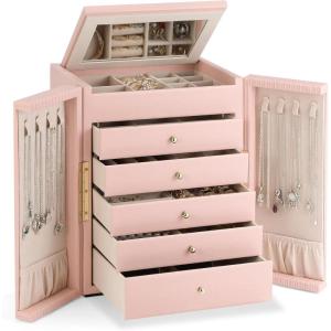 imageDajasan Large Jewelry Organizer Box Jewelry Boxes for Women Girls 6Tier Jewelry Storage Organizer with Mirror for Necklace Ring Bracelet Watch Gift Idea BeigePink