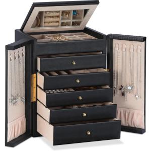 imageDajasan Large Jewelry Organizer Box Jewelry Boxes for Women Girls 6Tier Jewelry Storage Organizer with Mirror for Necklace Ring Bracelet Watch Gift Idea BeigeBlack