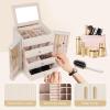 imageDajasan Large Jewelry Box for Women Jewelry Organizer Box with 3 Drawers Jewelry Storage Organizer with Mirror for Necklace Ring Bracelet Watch Gift Idea BeigeBeige