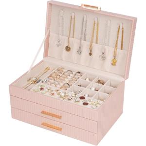 image:imageDajasan Jewelry Boxes for Women Jewelry Organizers and Storage with 2 Drawers Large Jewelry Organizer Box for Necklaces Rings Earrings Bracelets Gift Idea Modern Style BeigePink