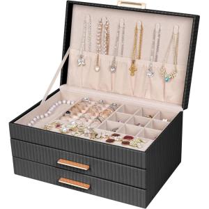 image:imageDajasan Jewelry Boxes for Women Jewelry Organizers and Storage with 2 Drawers Large Jewelry Organizer Box for Necklaces Rings Earrings Bracelets Gift Idea Modern Style BeigeBlack